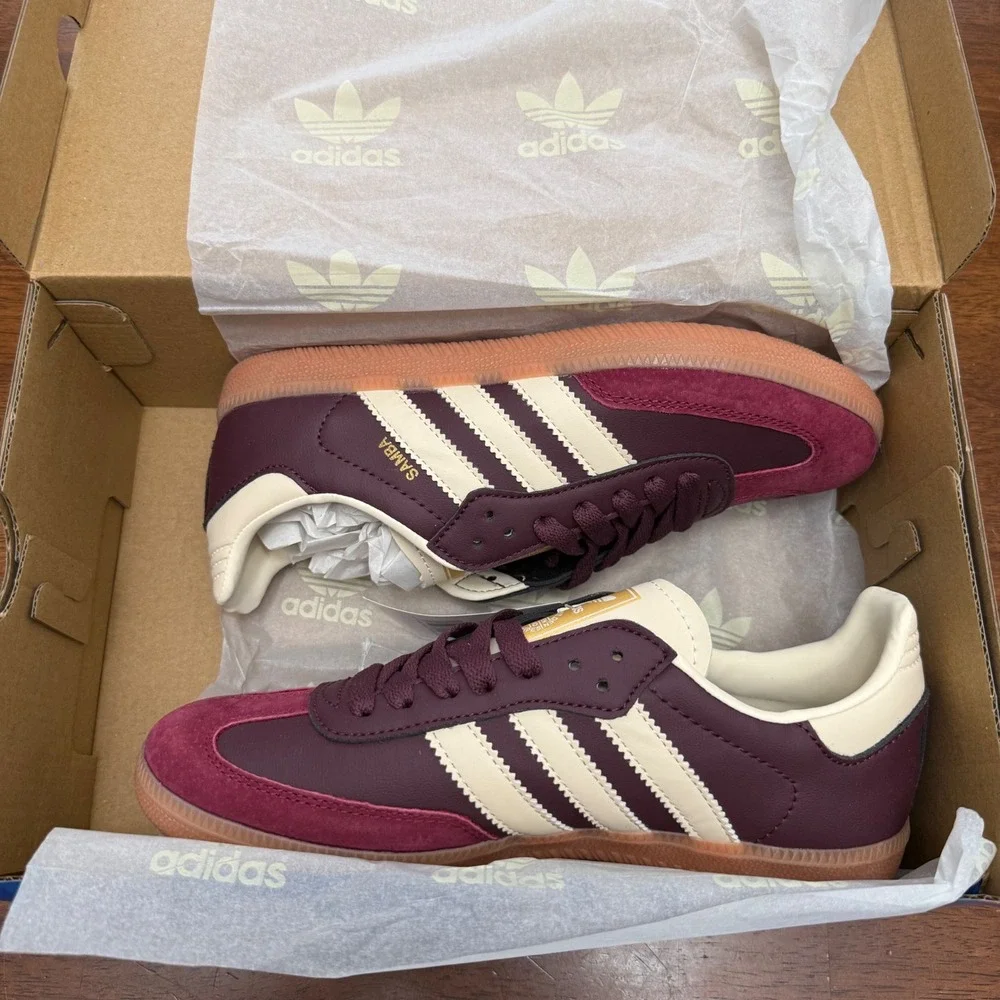 Adidas Samba OG W Women Size 7.5 Maroon Crew White Gold Metallic ID0477 Gum Sole - Picture 4 of 6